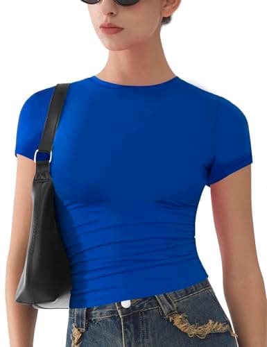 Image of Womens Basic Short Sleeve Slim Fit T Shirts Soft Crewneck Crop Y2k Tees Summer Stretchy Cute Tops Royal Blue S