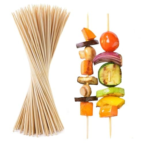 Image of 100 Large 30cm Round Wooden Bamboo Kebab Skewers, Food Grade, Safe and Sturdy, 12" Long Cocktail Sticks, Ideal for BBQ, Cake Topper, Chocolate Fountain, Candy Floss Sticks