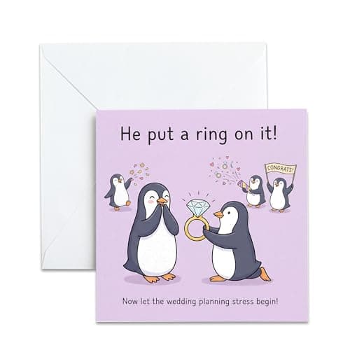 Image of Engagement Card for Couples - He Put A Ring On It Penguin Design - Congratulations Proposal Greeting for Fiancée Best Friend Sister - Wedding Planning Stress Joke, Blank Inside