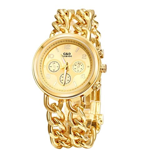 Image of JewelryWe Womens Gold Watch Link Chain Bangle Bracelet Watch Analog Quartz Luminous Wristwatch