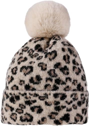 Image of Yixda Women Knitted Beanie Hat Pom Pom Ski Winter Hats Ladies Girls Outdoor Soft Warm Skull Cap (UK, Alpha, One Size, Leopard Khaki)