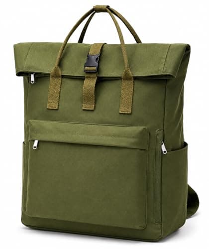 Image of Roll Top Canvas Laptop Backpack 13-15 Inch | Waterproof Work, School & Travel Bag with Padded Laptop Sleeve, Multi-Pocket Organiser, Army Green