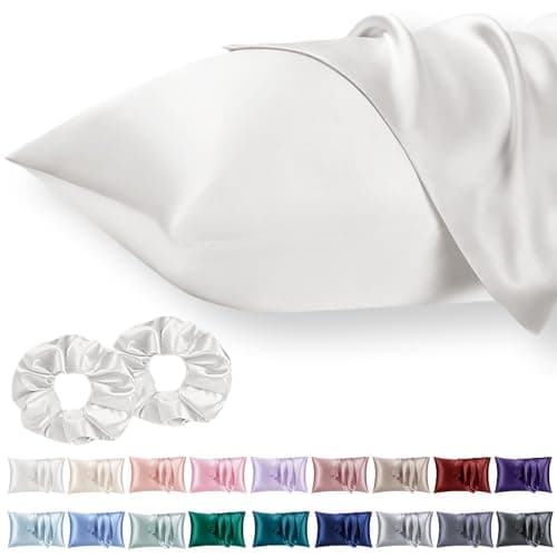 Image of Vielit 2 Pack Satin Pillowcase for Hair and Skin Cooling,Soft as Silk Pillowcase for Hair and Skin,Easier Care than Silk Pillow Case White Ivory 50x75cm Gifts for Women Envelope & 2 Scrunchies