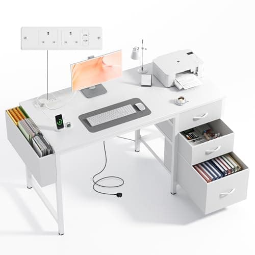 Image of Claiks 120x60cm Computer Desk with Drawers & Charging Station, Office Desk with Storage Bag, Study Desk with USB Ports & AC Outlets for Home Office, White