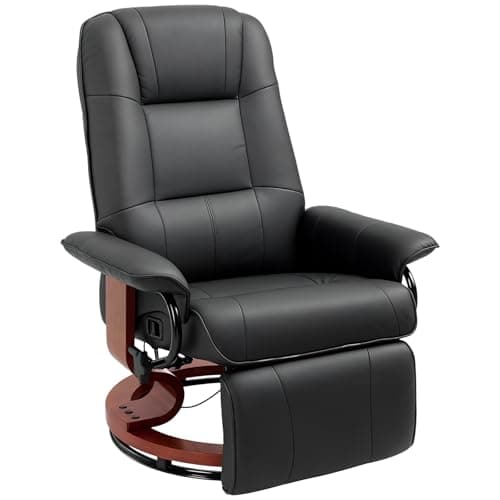 Image of HOMCOM 360° Swivel Recliner Chair with Footstool, Manual Recliner Armchair with Wooden Base, PU Leather Upholstered Reclining Chair for Living Room, Bedroom, Office, Black