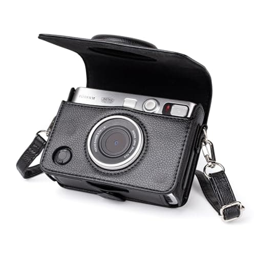 Image of MUZIRI KINOKOO Mini EVO Protective Camera Case, PU Leather Case Compatible for Fuji Instax Mini EVO Instant Camera with Adjustable Shoulder Strap - Lychee Texture Horizontal Style Case in Black