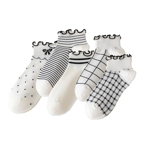 Image of Benefeet Cute Ankle Socks for Women & Girls - Ruffle & Frilly Socks, Cotton Low Cut with Lettuce Trim, White and Black Plaid Polka Dot, One size