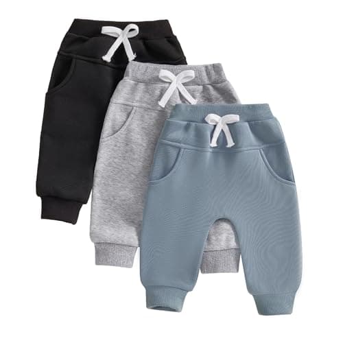 Image of Toddler Infant Baby Boy Elastic Waist Sweatpants 3 Piece Solid Color Long Pants Winter Warm Long Trousers Kids Casual Jogger Bottoms Tracksuit Outfits for Little Boy (Blue, 18-24 Months)