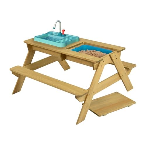 Image of TP Toys Splash & Play Wooden Picnic Table Including A Splash Tub And Sin. Recycles The Water, Wooden Picnic Table Sandpit, Kids Garden Furniture And Outdoor Dining, FSC Certified Wood - 2 Years +