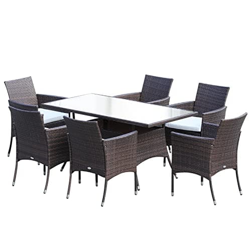 Image of Outsunny Rattan Garden Furniture Dining Set 6-seater Patio Rectangular Table Cube Chairs Outdoor Fire Retardant Sponge Brown
