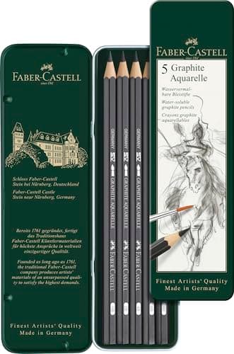 Image of Faber-Castell 5 Piece Quality Water-Soluble Graphite Aquarelle Pencils in a Tin, Including HB, 2B, 4B, 6B and 8B, Grey