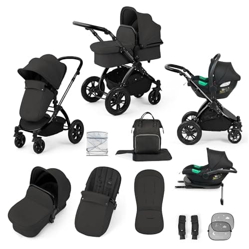 Image of Ickle Bubba Stomp Luxe 12-Piece Travel System with i-Size Cirrus Car Seat & ISOFIX Base – All-Terrain Pram, Reversible Seat, UPF 50+ Hood, Rain Cover & Accessories (Black/Charcoal Grey/Black)