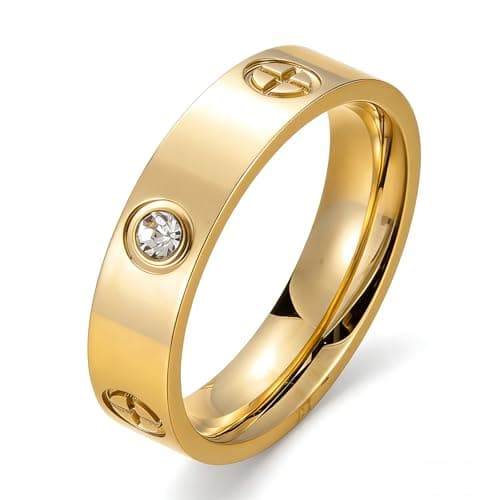 Image of Yoowish Cross & Cubic Zirconia Ring for Women Men, 18K Gold Plated Stainless Steel Non Tarnish Band Rings, Hypoallergenic Wedding Promise Rings for Birthday Anniversaries Christmas (Gold, Size UK R)