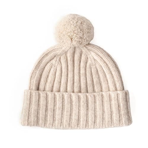 Image of The Cashmere Choice Chunky Ribbed Lambswool Beanie Hat for Women - Luxury Pom Pom Bobble Hat - 100% Pure Wool, Made in UK - Fearn (UK, Alpha, One Size, Linen)