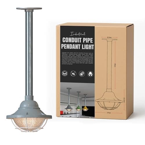 Image of LEDSone Ceiling Pendant Light - Single Head E27 Base Metal Lampshade with Industrial Galvanized Conduit Steel Hanging Pendant Lighting for Kitchen Living Room (Grey - 40cm - Without Bulb)