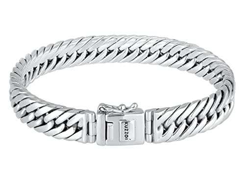 Image of Kuzzoi Buddha Silver Bracelet for Men, Handmade Curb Bracelet Made of Genuine Solid 925 Sterling Silver, Polished Luxury Men's Bracelet Engraving, 10 mm Wide, 43 g Heavy