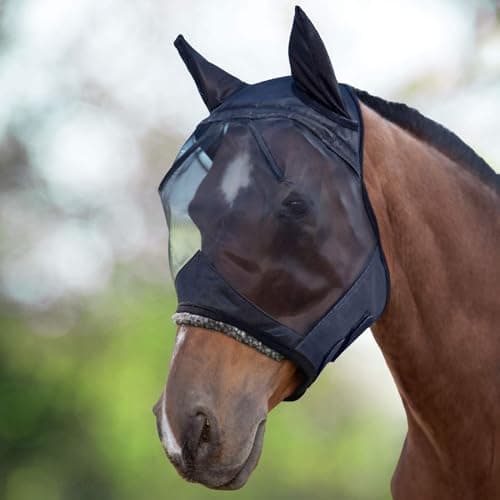 Image of Harrison Howard CareMaster Midge-proof Fleece Padding Horse Fly Mask Half Face with Ears Black Large Full Size