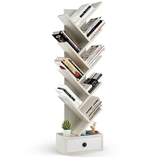 Image of COSTWAY Tree Bookshelf, 10-Tiers Floor Standing Wooden Bookcase Storage Shelving Unit, Narrow Magazine Book Display Rack for Living Room, Bedroom and Office（Beige, with Drawer）