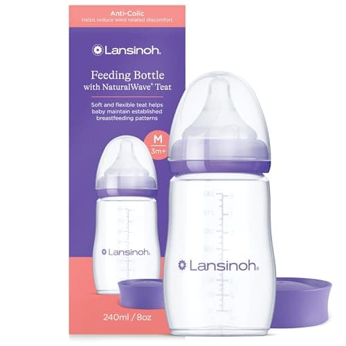 Image of Lansinoh Anti Colic Baby Bottle - 240ml - NaturalWave® Medium Flow Teats Reduces Nipple Confusion + New Stackable Lid Breast Milk Storage Bottles Breastfeeding Bottle Feeding - Baby Bottles