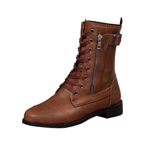 Image of Women's Casual Mid-Calf Lace-Up Side Zipper Leather Ankle Boots for Daily Wear Comfortable Winter Autumn Shoes, brown, 6 UK