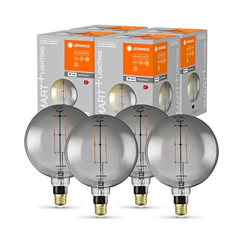 Image of LEDVANCE Smart LED Bulb with WiFi Technology, E27, Dimmable, Warm White (2500K), Large Globe Shape, Clear Filament in Smoke Glass, Replacement for Traditional 37W, 4-Pack