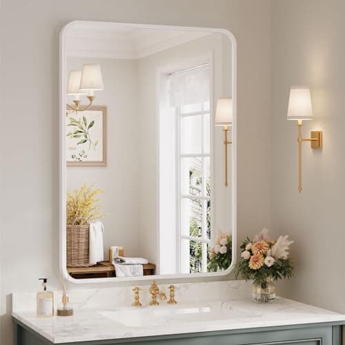 Image of Dripex 55x75cm Rectangular Bathroom Mirror, Aluminium Frame Curved Corners, Pre-Fitted Hooks & Fixing Kit, Hang or Lean Vertically/Horizontally, for Living Room, Bedroom, White