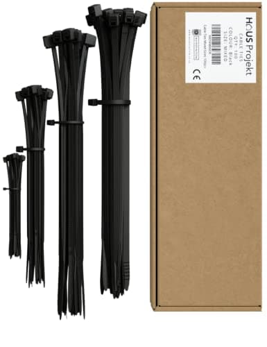 Image of Haus Projekt Cable Ties 100 Pack Black, Mixed Size Assorted Zipties, 100/200mm x2.5, 300x3.6/4.8, Cable Management Tidy, Heavy Duty Plastic Zip Tie Wraps, Garden Cable Ties, Small Long Wire Organiser