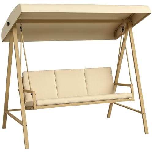 Image of Outsunny 3 Seater Garden Swing Chair, Outdoor Hammock Bench with Adjustable Canopy, Removable Cushions and Steel Frame, Beige