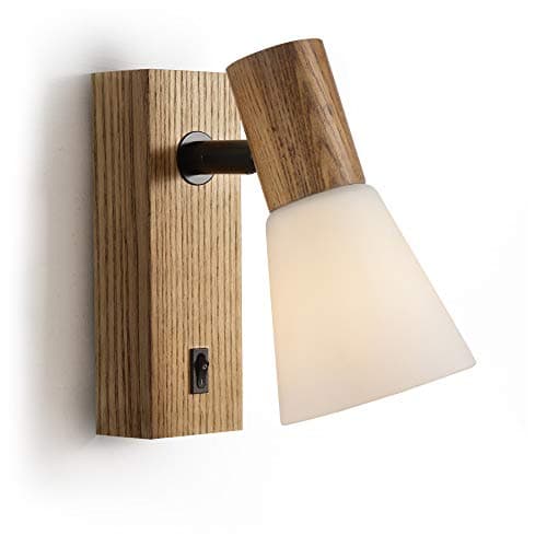Image of Ouglres Vintage Wooden Wall Light with Switch, White Glass Lampshade, Rotatable, Industrial Design Bedside Lamp, Living Room, Stairs, Corridor, E14