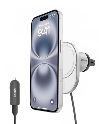 Image of Belkin BoostCharge Pro Magnetic Wireless Car Charger with Qi2 15W, MagSafe-compatible magnetic car vent phone mount for iPhone 17, Air, 16 Series, Pixelsnap, 20W USB-C PSU + 1.5m cable included - Grey