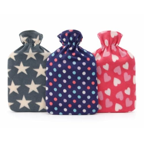 Image of Cassandra Fleece Hot Water Bottle with Cover – Soft Plush Fabric, Heart, Star & Spot Designs, Natural Rubber Bottle Included (Designs May Vary)