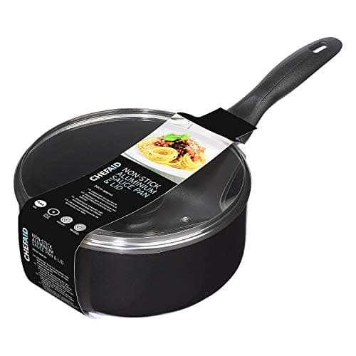 Image of Chef Aid Sauce Pan, 20 cm Aluminium Pan with Glass Lid and Stay Cool Handle, Built in Ventilation Steam Vent, for Use On Electric and Ceramic Hobs, Black