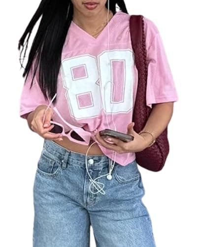 Image of Cusghjbsg Women Basketball T-Shirt Summer Short Sleeve V Neck Number Print Loose Tops Oversized Jersey Baggy Pullover Shirt Streetwear (Pink B, S)