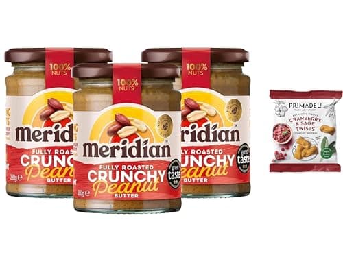 Image of Meridian Crunchy Peanut Butter 280g (Pack of 3) + Primadeli Snack - No Palm Oil, No Added Sugar & Salt - Vegan, Gluten & Dairy Free, from SuperfoodUK