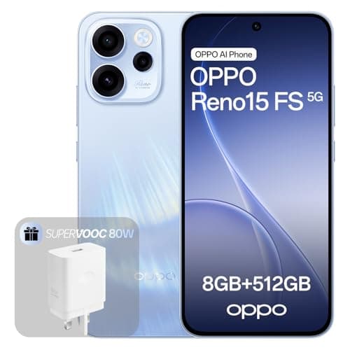 Image of OPPO Reno15 FS 5G Unlocked Smartphone, 8+512GB, 50MP FOV 100° Ultra-Wide Selfie Camera, 6.57" 120Hz Display, AI Portrait Glow, 6500mAh Battery, IP69, Aurora Blue (Include 80W SUPERVOOC Charger)