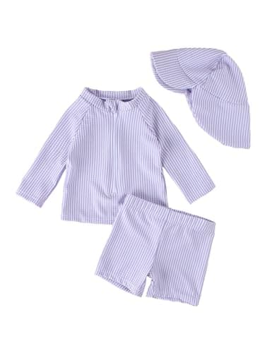 Image of JiAmy Baby Girls Swimming Costume with Sun Hat 3PCS Long Sleeve Zip Up Rash Guard Shirt Swim Truck Infant Toddler Baby Swimsuit Purple 3-4 Years