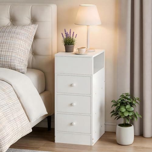 Image of Homullel 25cm Narrow Bedside Cabinet 3 Drawers Slim Bedside Table Small Nightstand Bed Side Table for Bedroom Living Room (3 Drawers, White)