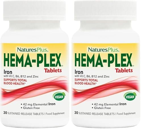 Image of NaturesPlus Hema Plex Iron Complex - Gentle Iron Supplement with Vitamin C, Methyl B12, Folate - Blood Health, Immune Support, Energy - Vegan, Gluten Free - 30 Tablets (Pack of 2)