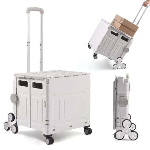 Image of The Fellie Trolley Box Cart with Stair Climbing Wheels, 75L & 50KG Capacity Folding Shopping Cart Trolley with One-piece Lid, Boot Cart with Telescopic Handle for Shopping Picnic Office(White Grey)