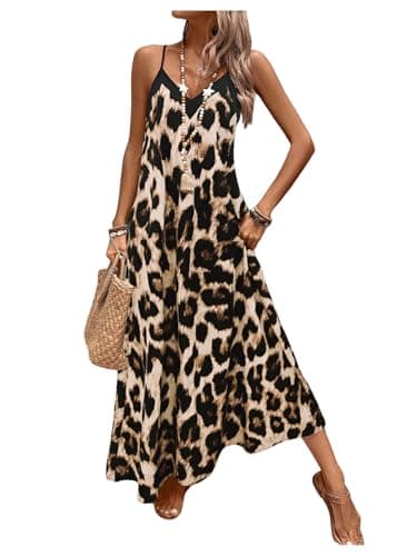 Image of GORGLITTER Women's Leopard Print A Line Flowy Long Cami Dress V Neck Flared Loose Holiday Sundress Dark Brown Small