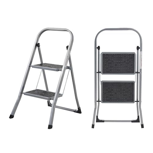Image of MasterWorx 2 Step Ladder | Heavy Duty Folding Steel Stepladder with Safety Handle | 150kg Max Capacity | Wide Anti-Slip Steps & Feet | Easy to Store | Ideal for Home, Kitchen, Garage & DIY Use