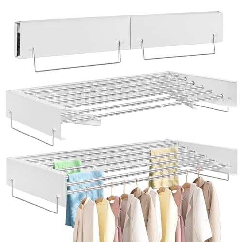 Image of FREEAMG Wall-Mounted Retractable Clothes Airer - Foldable Drying Rack with 6x100cm Rods for Indoor & Outdoor Bathroom Use, Space Saving Laundry Dryer for Towels & Clothing (White)