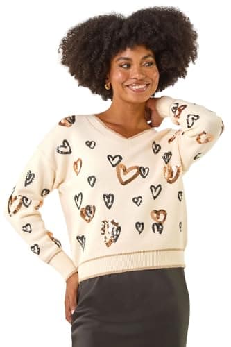 Image of Roman V-Neck Jumper for Women UK Ladies Boyfriend Fit Slouch Sweater Winter Autumn Textured Casual Flattering Knit Pullover Knitwear Daywear Lightweight Lounge - Ivory Sparkle - Size 14