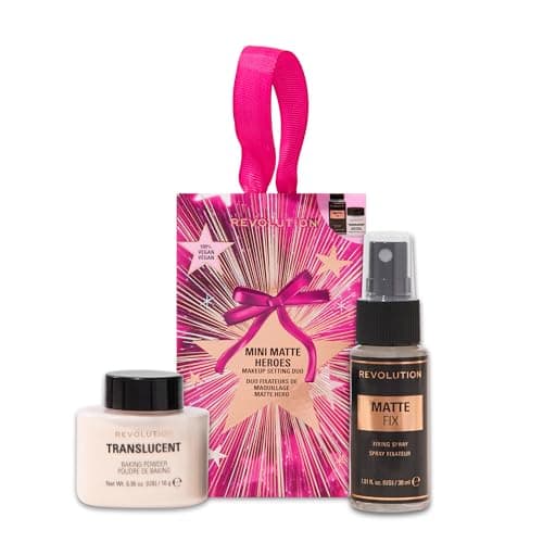 Image of Revolution Mini Matte Hero's Makeup Setting Duo, Translucent Loose Baking Powder & Matte Fixing Spray Minis, Travel-Size, Vegan & Cruelty-Free