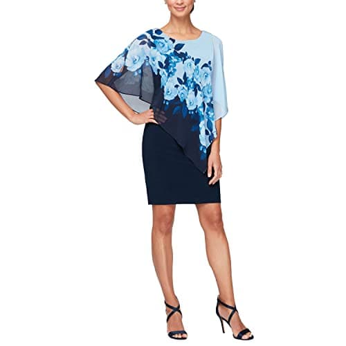 Image of S.L. Fashions Women's Sleeveless Sheath Cape Dress with Chiffon Overlay Special Occasion, Navy Floral, 12