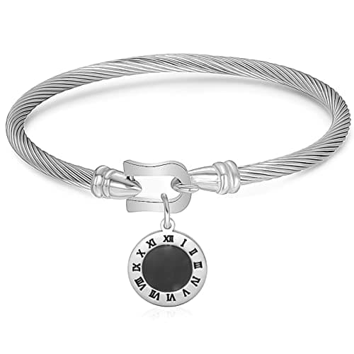 Image of Gleamart Silver Roman Numerals Twisted Cable Bracelet Stainless Steel Bracelet with Hook Clasp for Women