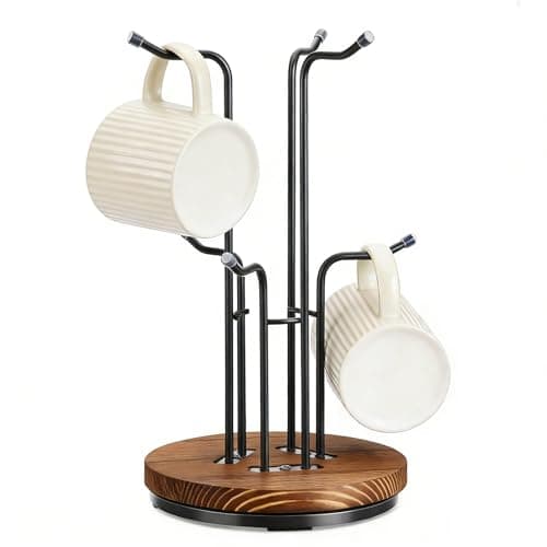 Image of MHYMX Mug Stand Mug Tree 6 Mugs Black Cup Holder 360° Rotated Mugs Storage Rack with Stable Wooden Base Coffee Cup Hanging Stand for Kitchen Coffee Bar