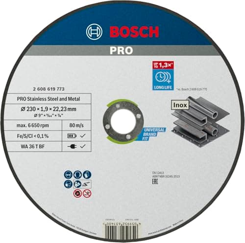 Image of Bosch 1x PRO Stainess Steel and Metal Longlife Thin Cutting Disc for Large Angle Grinder and Bore 22.23 mm (for Steel, Stainless steel, Ø 230 mm, Professional Accessory Large Angle Grinder)