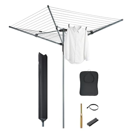 Image of VonHaus 45m Rotary Washing Line – 4 Arm Outdoor Clothes Airer with Collapsible Umbrella System, 360° Rotary Airer, Line Tension Adjustment, 35mm Metal Ground Spike, Non-Slip Clothesline, Weatherproof