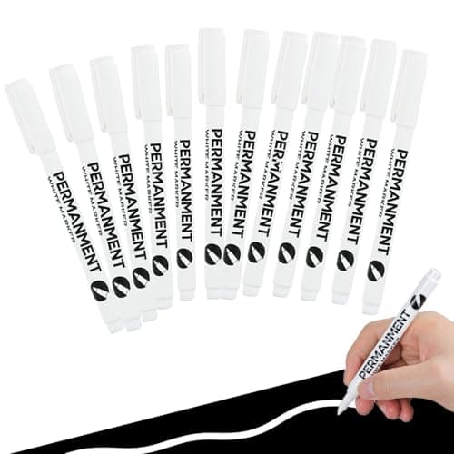 Image of 12 Pcs White Marker Pen 1mm Extra-fine Tip Permanent Acrylic Marker Pens Waterproof Water Based Ink White Paint Fabric Pens Quick Dry Paint Pen for Paper Rock Wood Fabric Glass Ceramic Plastic